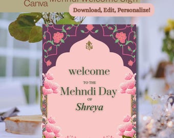 Lotus Mehndi Welcome Sign: Indian Wedding Decor (Digital Download)