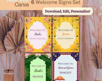 Indian Wedding Welcome Sign Set: Editable Mendhi, Haldi, Sangeet (Digital Download)