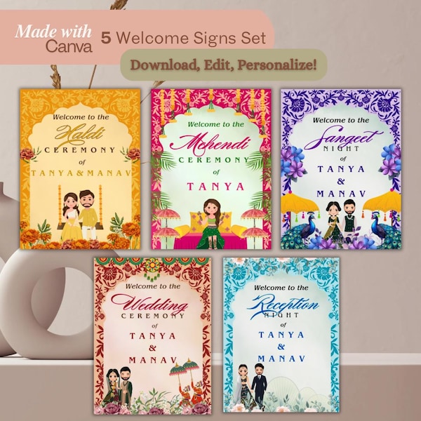Indische Hochzeit Willkommensschild Set: Mendhi, Haldi, Sangeet (Digitaler Download)
