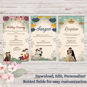 Puede incluir: Tres tarjetas de invitaci&oacute;n de boda con un dise&ntilde;o floral colorido. Las tarjetas son para una ceremonia de boda, un sangeet y una recepci&oacute;n. Las tarjetas muestran una pareja con atuendos tradicionales indios. El texto en las tarjetas incluye los nombres de la novia y el novio, la fecha y la hora de los eventos, y la direcci&oacute;n.