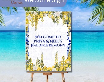 Amalfi Coast Haldi Welcome Sign: Blue Tile, Lemon Decor (Digital Download)