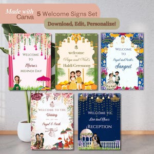 Peut inclure: Cinq pancartes d'accueil imprimables pour une célébration de mariage. Les pancartes présentent des motifs floraux et géométriques avec du texte qui se lit comme suit : "Bienvenue à Meera's Mehndi Day", "Bienvenue à Priya and Neel's Haldi Ceremony", "Bienvenue à Payal and Parth's Sangeet", "Bienvenue au mariage de Payal & Parth" et "Bienvenue à Dev and Khea's Reception".