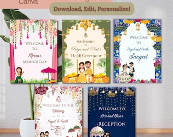Conjunto de letreros de bienvenida para bodas indias: Plantilla DIY editable (descarga digital)