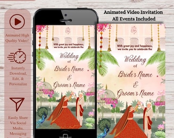 Puede incluir: Plantilla de video de invitación de boda animada con fondo rosa y una pareja con vestimenta tradicional india. El texto dice "Con gran alegría y felicidad, les invitamos a celebrar la boda de Bride's Name & Groom's Name".
