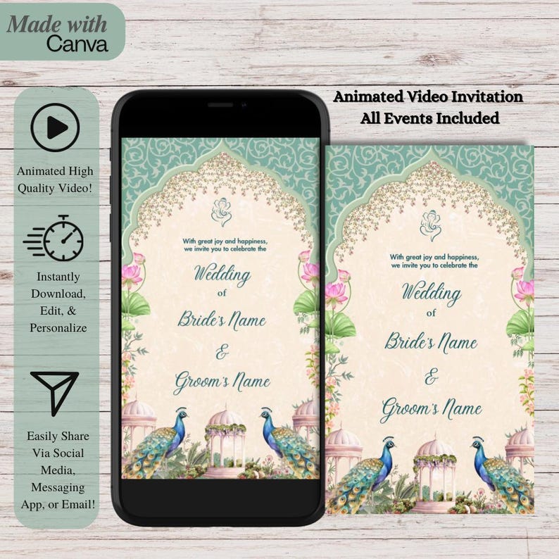 Puede incluir: Una invitaci&oacute;n de boda digital con un dise&ntilde;o de pavo real. La invitaci&oacute;n presenta un patr&oacute;n floral verde y dorado con pavos reales y un texto que dice "Boda de Nombre de la novia y Nombre del novio".