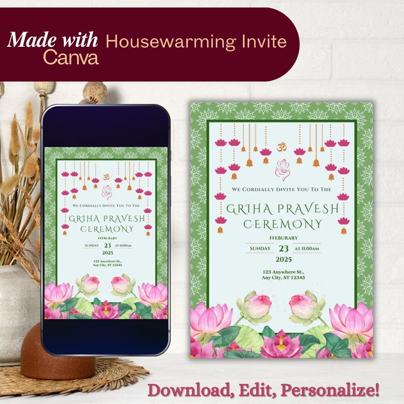 May include: A digital invitation for a Griha Pravesh Ceremony, a Hindu housewarming ceremony. The invitation features a light blue background with a gold and pink floral design. The text reads "We cordially invite you to the Griha Pravesh Ceremony, February 23, 2025, 12:00 AM, 123 Anywhere St., Any City, ST 12345."