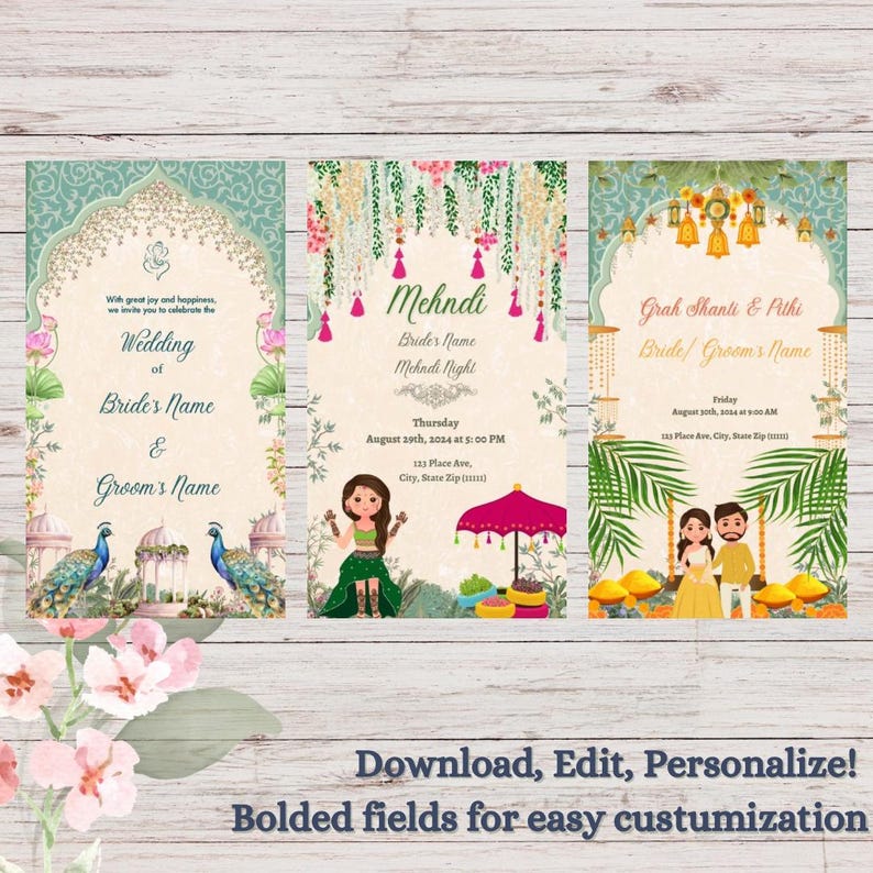 Puede incluir: Tres tarjetas de invitaci&oacute;n de boda indias coloridas con dise&ntilde;os florales y de pavo real. Las tarjetas son para una ceremonia de Mehndi, una ceremonia de boda y una ceremonia de Grah Shanti & Pithi. El texto en las tarjetas incluye los nombres de la novia y el novio, la fecha y la hora de los eventos y la ubicaci&oacute;n.