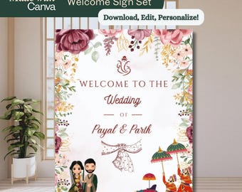 Indian Wedding Welcome Sign: Maroon Floral Ganesh (Digital Download)