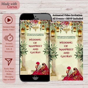 Convite de casamento animado em punjabi, vídeo de casamento sikh, cartão de casamento eletrônico, convite de vídeo de casamento indiano, todos os eventos, convite de Anand Karaj