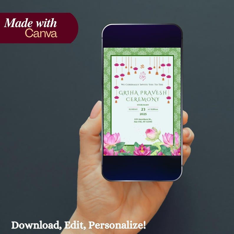 May include: A digital invitation on a smartphone screen for a Griha Pravesh Ceremony. The invitation features a green background with pink lotus flowers and gold accents. The text reads "We cordially invite you to the Griha Pravesh Ceremony, February 23, 2025".