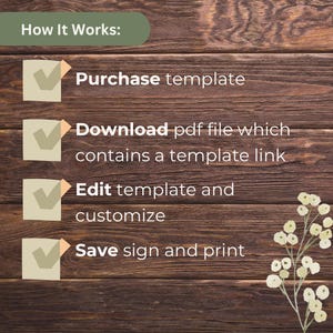May include: A checklist on a wood background with four steps for purchasing a digital template: purchase, download, edit, and save. The checklist is illustrated with green checkmarks.