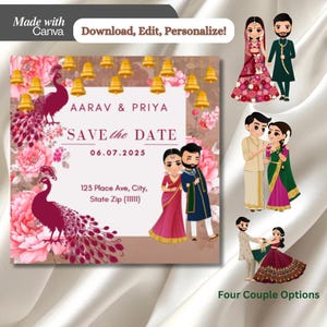 Indische Hochzeit Save the Date Vorlage Südindianer Save the Date Peacock bearbeitbares Save The Date Pink Instant Download Digitale Karte