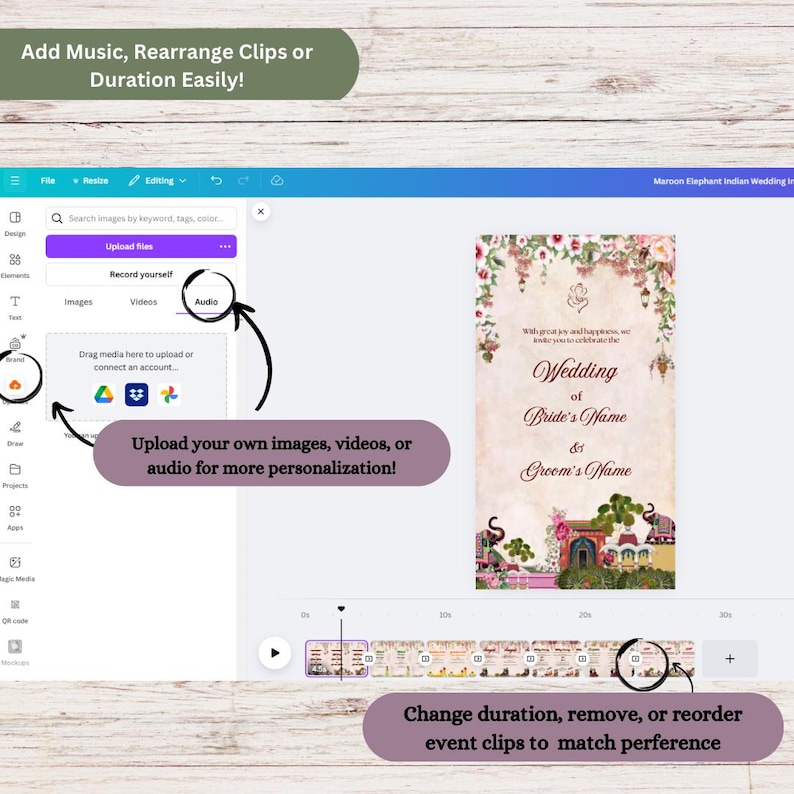 Puede incluir: Una captura de pantalla de una pantalla de computadora que muestra una plantilla de dise&ntilde;o de invitaci&oacute;n de boda. La plantilla presenta un elefante marr&oacute;n y dise&ntilde;os florales. La pantalla tambi&eacute;n muestra una l&iacute;nea de tiempo con varios clips de video y un bot&oacute;n para cargar im&aacute;genes, videos o audio.