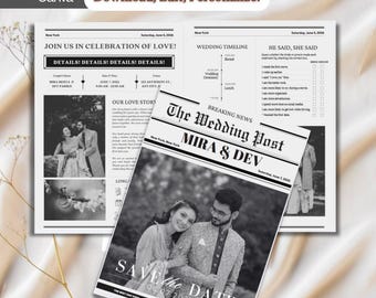 Indian Wedding Newspaper Save The Date Template (Digital Download)