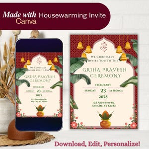 Invitation de pendaison de crémaillère indienne : cérémonie animée de la Griha Pravesh (numérique)