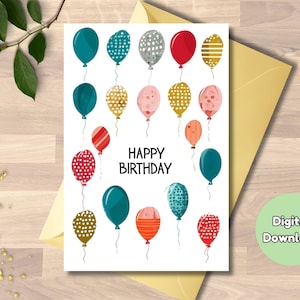 Printable Birthday Card - Happy Balloon Design Digital Download, Birthday card for mom, Personalized Birthday card, Blank Greeting Card