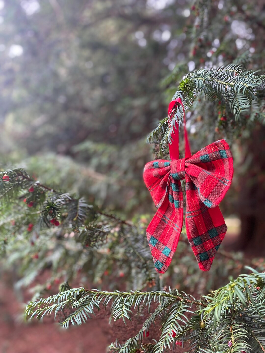 Red Tartan Festive Christmas Tree Decoration With Slim Red Satin Tie ...