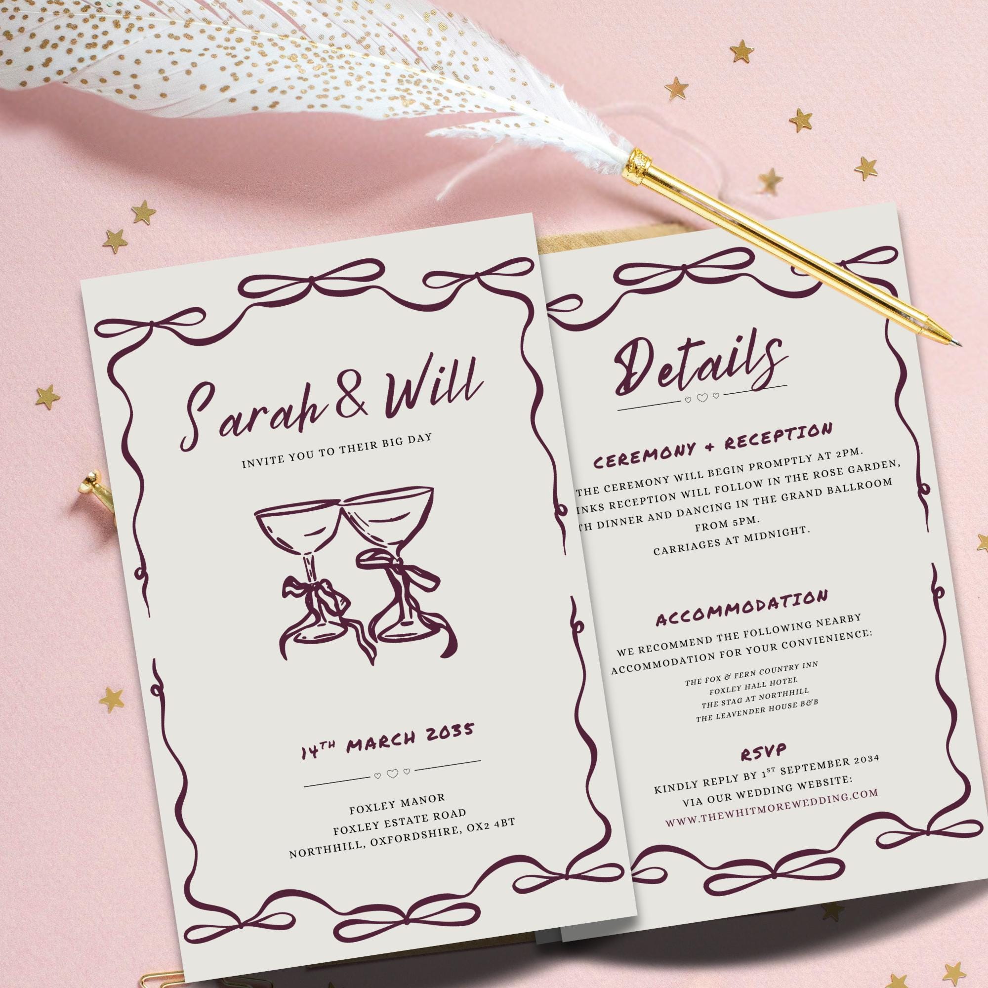 Maroon Bow Design Wedding Invitation Template | Editable Canva Download Maroon Bow Design Wedding Invitation Template | Editable Canva Download