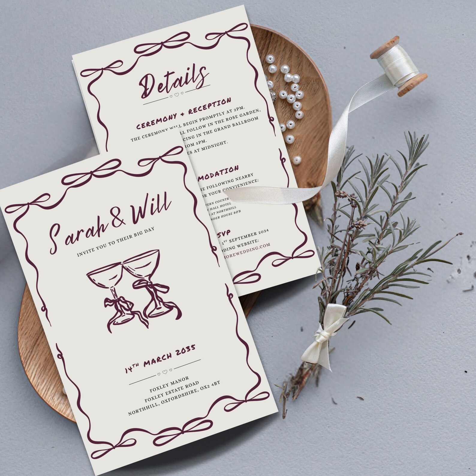 Maroon Bow Design Wedding Invitation Template | Editable Can
va Download Maroon Bow Design Wedding Invitation Template | Editable Canva Download