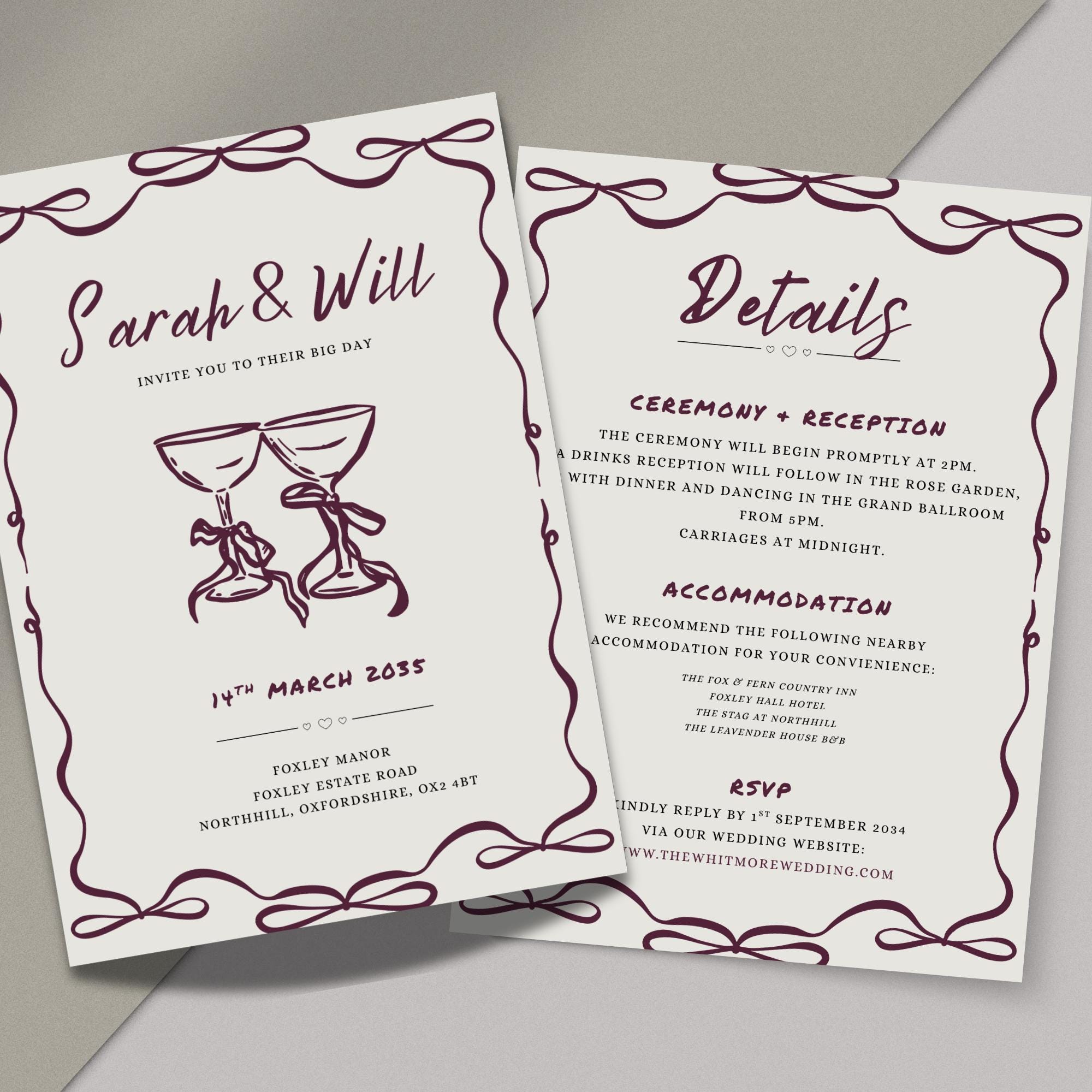 Maroon Bow Design Wedding Invitation Template Editable Canva Download