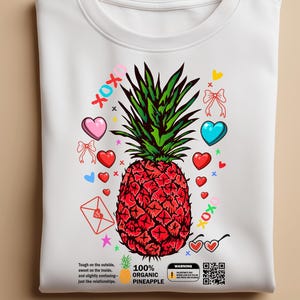 May include: White sweatshirt featuring a red pineapple graphic with green leaves, surrounded by hearts, bows, and the text "XOX". The graphic also includes the text "100% ORGANIC PINEAPPLE".