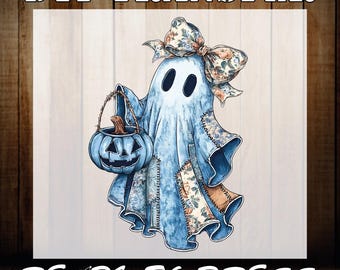 May include: A light blue ghost illustration holding a blue jack-o'-lantern bucket, with a floral bow and patches. The image has the text "DTF TRANSFER" at the top and "READY TO PRESS" at the bottom. The background is a light wood grain.