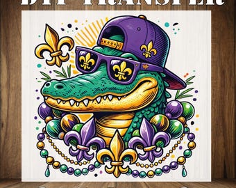 Mardi Gras Gator DTF Transfer: Retro Alligator, Fleur De Lis