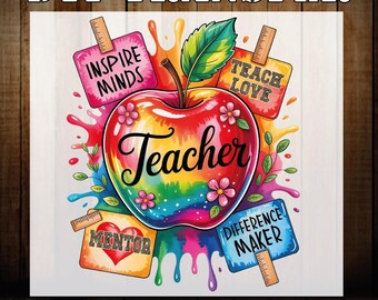 Colorful Rainbow Apple Teacher DTF Transfer, Inspire Mentor Teach Iron On Heat  Press