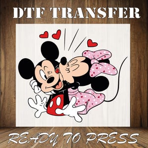Disney Valentine Couple Iron On Press, Mickey and Minnie Valentine's Kiss DTF Transfer
