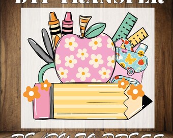 Custom Name Flower Apple DTF Transfer: Back To School Teacher Iron On