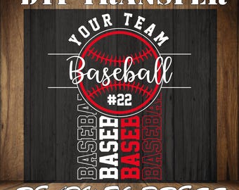 May include: A black and white baseball design with the text "Your Team Baseball #22" and the word "Baseball" repeated vertically in red and white. The text "Ready to Press" is at the bottom of the design.