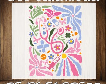 Floral Nurse Stethoscope DTF Transfer: Retro Boho Heat Press