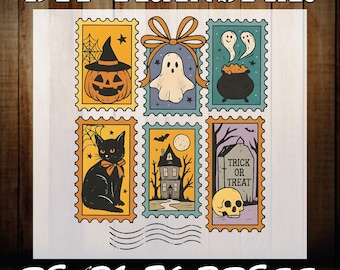 Vintage Halloween Ghost Cat Pumpkin Postage Stamps Dtf Print, Trick Or Treat Heat Press