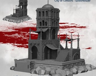 Dark Realms City of Corsairs Watchtower and Dock| 3D-Printed Terrain for 28-32mm RPGs & Wargames like DnD and Pathfinder | Print-To-Order
