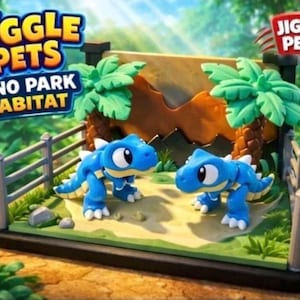 May include: A Jiggle Pets Dino Park Habitat playset featuring two blue dinosaur figures. The set includes a miniature landscape with a fence, palm trees, and the text "Jiggle Pets Dino Park Habitat".