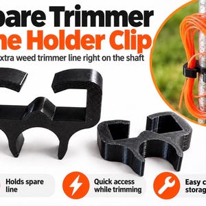 May include: Two black plastic spare trimmer line holder clips designed to attach to a shaft. The text Spare Trimmer Line Holder Clip, Keeps extra weed trimmer line right on the shaft, Holds spare line, Quick access while trimming, and Easy clip-on storage is visible.