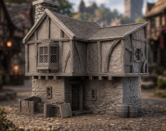 May include: A miniature gray model of a two-story building featuring a stone foundation, timber-framed upper level, a chimney, a bay window, a wooden door, and small windows. A wooden fence enclosure with logs and two barrels are positioned at the base.