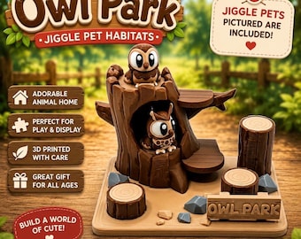 May include: An Owl Park Jiggle Pet Habitat playset featuring a brown tree stump structure with two small owl figures, one perched on top and one inside a hollow. The set includes two additional log stumps, gray rocks, and a sign labeled Owl Park.