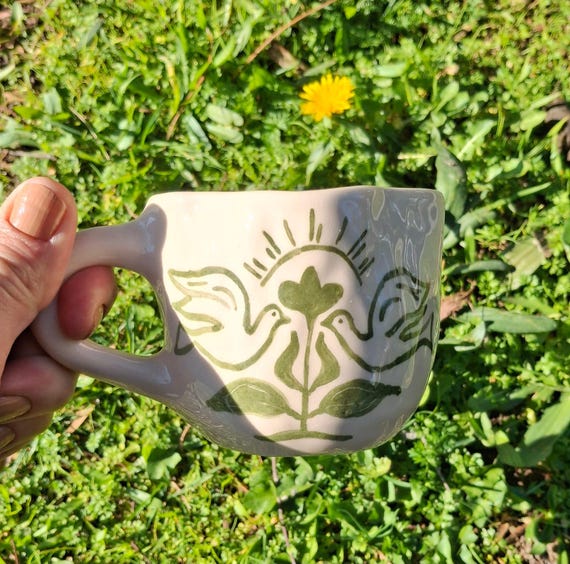 Vintage Ceramic Mug with Floral Design, Birds & Sun | Romantic Handmade Coffee Cup | Boho Style Mug | Handmade Mug for Her