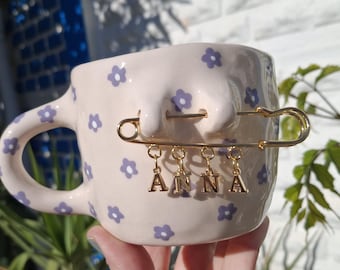 Handmade Ceramic Mug with Purple Flowers – Floral Coffee Cup – Unique Pottery Gift – Personalized Tea Mug , Handmade Flower Mug - Name Mug