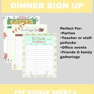 Może przedstawiać: Arkusz rejestracji jedzenia o tematyce wielkanocnej. Zawiera pastelowe kolory, pisanki i kwiatowe wzory. Tekst zawiera "Easter Dinner Sign Up" i "Food Sign Up". Zaprojektowany na imprezy, potlucks, wydarzenia biurowe i spotkania.
