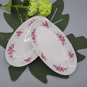 Può includere: Due piatti da portata ovali bianchi con un motivo floreale rosa sui bordi. I piatti sono su un sottobicchiere verde a forma di foglia, con fiori verdi e gialli sullo sfondo.