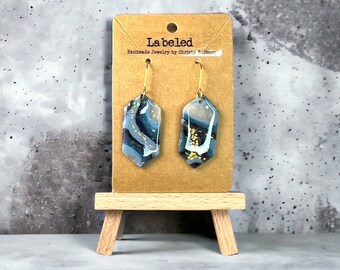 Unique Blue Geode Dangle Earrings with Real Gold Leaf Flakes-Handcrafted Bohemian Style Blue and Gold Lightweight Clay Earrings-Handmade