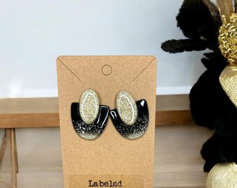 Black and Gold Glitter Oval Arch Clay Earrings: Modern Dangle Studs-Beautiful-Handmade! Light Nickel-free post earrings