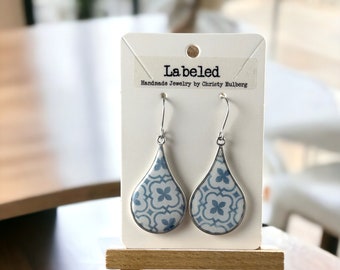Trendy Blue Geometric Design-Gold or Sliver Drop Styles- Handmade Dangle Earrings-Lightweight Clay Earrings-Great gift!