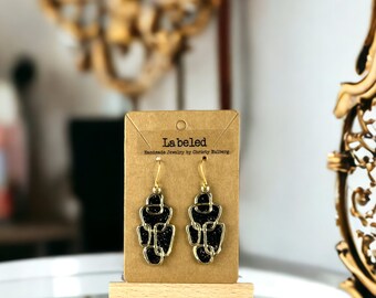 Black Glitter Gold Hammered Finish Handmade Dangle Earrings – Hypoallergenic Clay Earrings