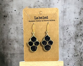 Black Glitter Gold Scalloped Handmade Jewelry Earrings-Hypoallergenic Clay Earrings-Dangle Earrings