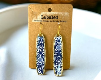 Blue and White Folk Pattern Handmade Dangle Earrings Gold Drop Lightweight Clay Earrings