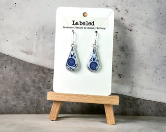 Blue and White Folk Pattern w/White background Handmade Dangle Earrings - Sliver or Gold Drop Lightweight Clay Earrings