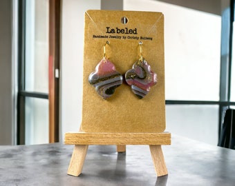Pink Colorful Geode Agate Earrings-Agate Handmade Earrings-Moroccan Quatrefoil-Hypoallergenic Clay Earrings